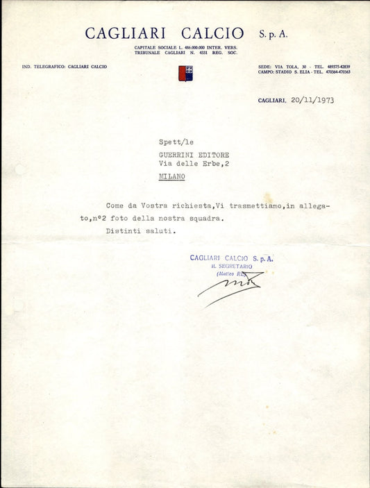 carta intestata societ� sportiva Cagliari Calcio Spa 1973 02