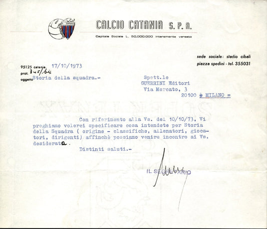 carta intestata societ� sportiva U.S. Catania Spa 1973 01