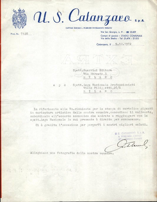 carta intestata societ� sportiva U.S. Catanzaro 1972