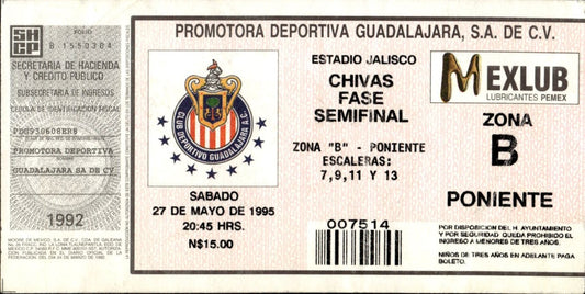 biglietto stadio PROMOTORA DEPORTIVA GUADALAJARA S.A DE C.V 27 MAGGIO 1995