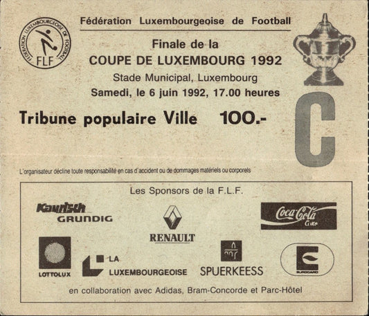 biglietto stadio FINALE DE LA COUPE DE LUXEMBOURG 6 JUIN 1992