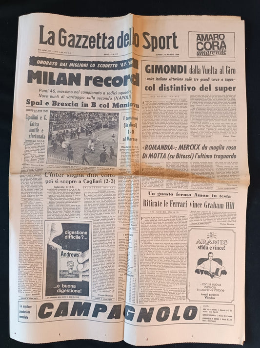 rivista La gazzetta dello sport anno 1968 numero 111 Milan Record