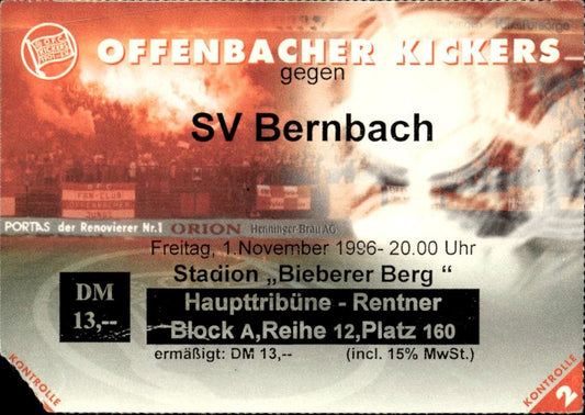 biglietto stadio OFFENBACHER KICKERS SV BERNBACH 1/11/1996