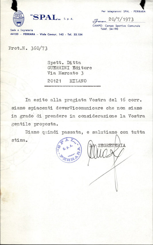 carta intestata societ� sportiva Calcio Spal 1973