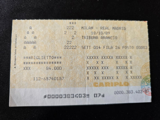 Biglietto Ticket Milan 2-0 Real Madrid  1989/90 coppa campioni tribuna arancio