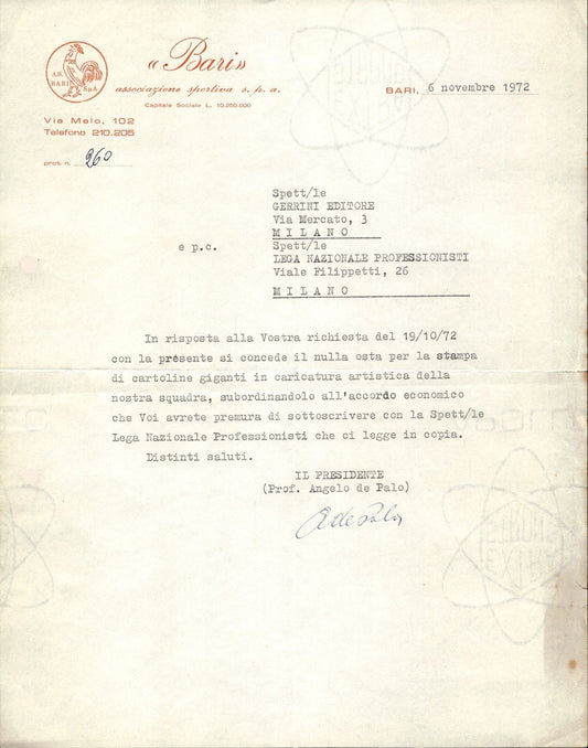 carta intestata societ� sportiva Bari Spa 1972