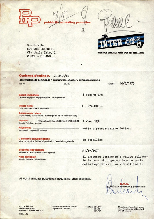 carta intestata societ� sportiva Inter Football Club 1972