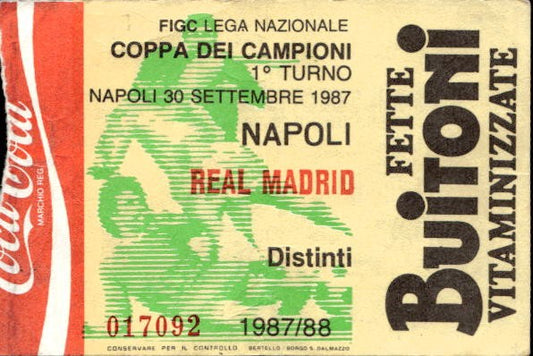 Biglietto stadio Napoli-Real Madrid Coppa dei campioni 1987/88 30/09/1987
