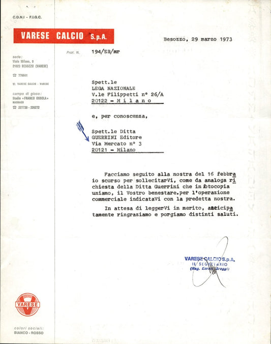 carta intestata societ� sportiva Varese Calcio Spa 1973 03