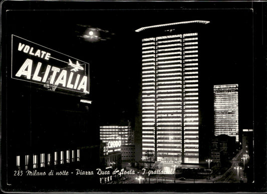 cartolina postcard Pirelli #285 Milano di notte Piazza Duca d'Aosta 1963