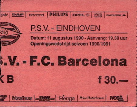 Biglietto stadio P.S.V-F.C Barcelona 1990/1991 11/08/1990