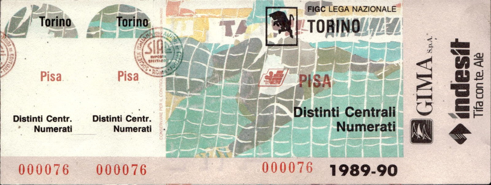 biglietto Ticket Stadio Torino Pisa 1989-90