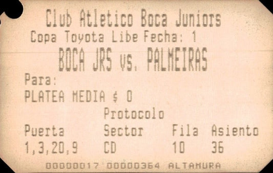 biglietto stadio BOCA JRS VS PALMEIRAS N 364