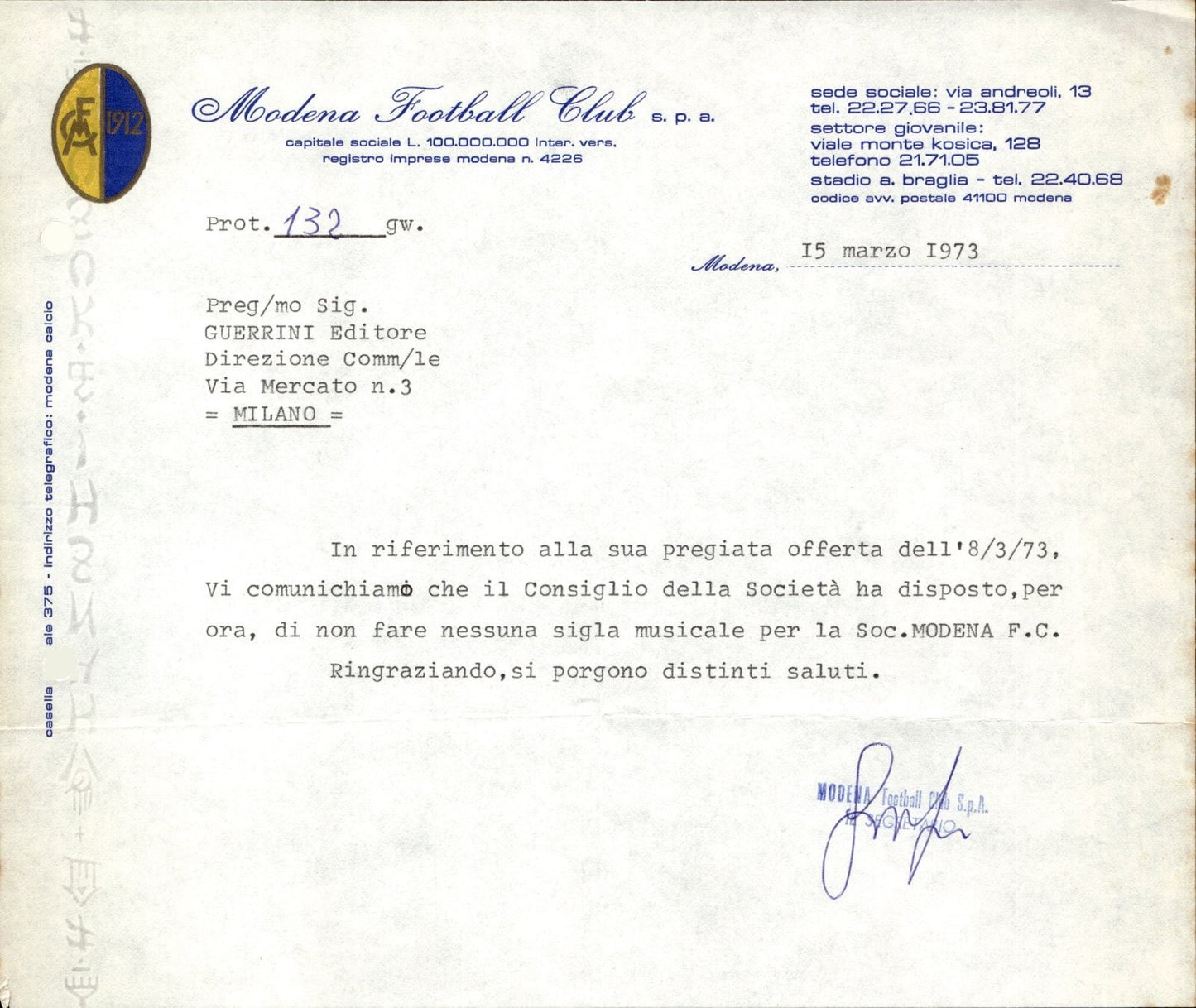 carta intestata societ� sportiva Modena Football Club 1973