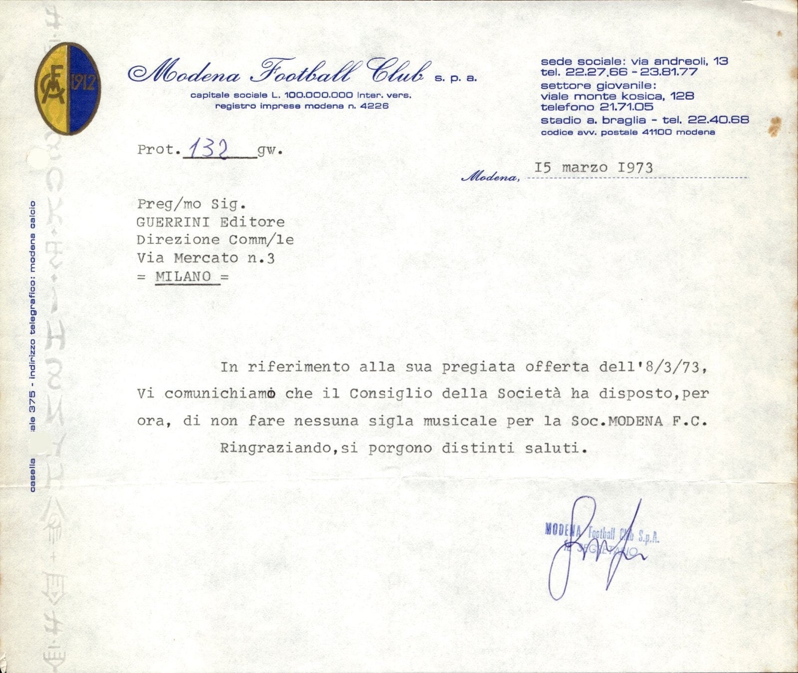 carta intestata societ� sportiva Modena Football Club 1973