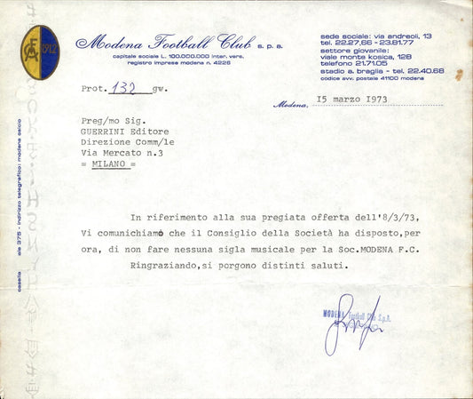 carta intestata societ� sportiva Modena Football Club 1973