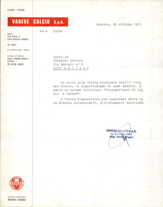 carta intestata societ� sportiva Varese Calcio Spa 1973 01