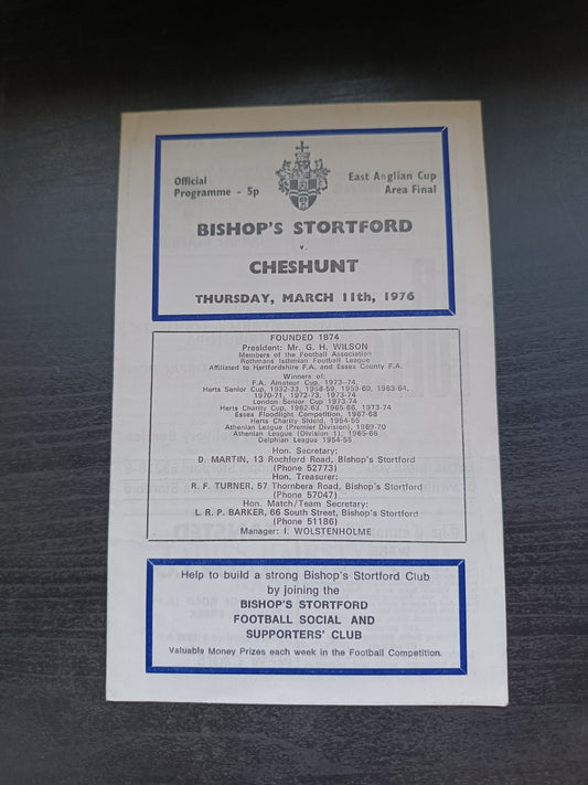 programma calcio Bishop's Stortford V Cheshunt 11th 1976