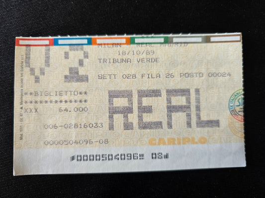 Biglietto Ticket Milan 2-0 Real Madrid  1989/90  coppa campioni tribuna verde