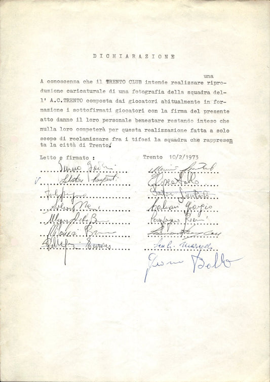 carta intestata societ� sportiva Dichiarazione con Firme Trento Club 1973