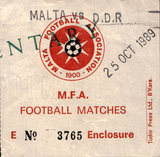 biglietto Ticket Stadio Malta vs D.D.R Football Matches 25/10/1989