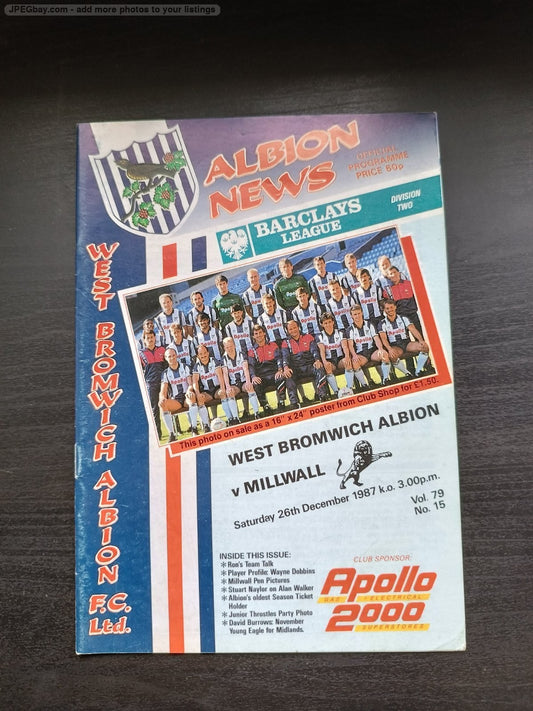 programma calcio West Bromwich Albion V Millwall 26th 1987