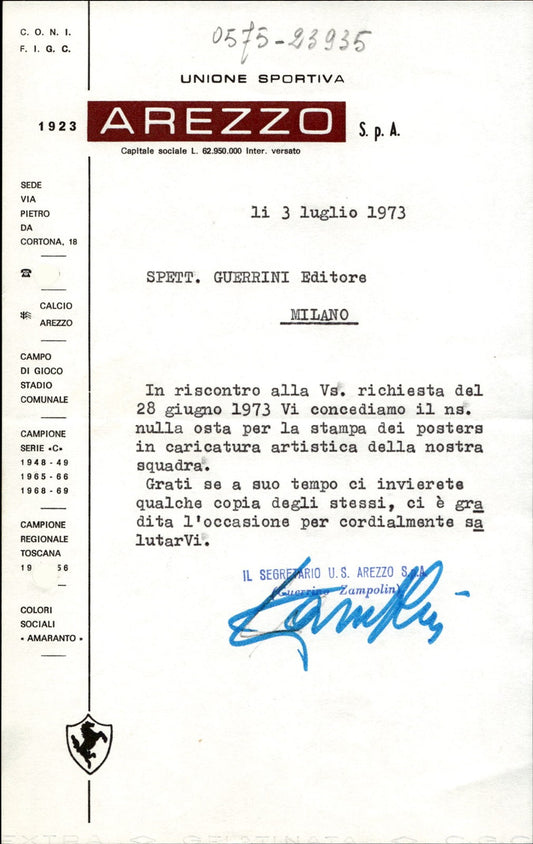 carta intestata societ� sportiva Arezzo Spa 1973 01