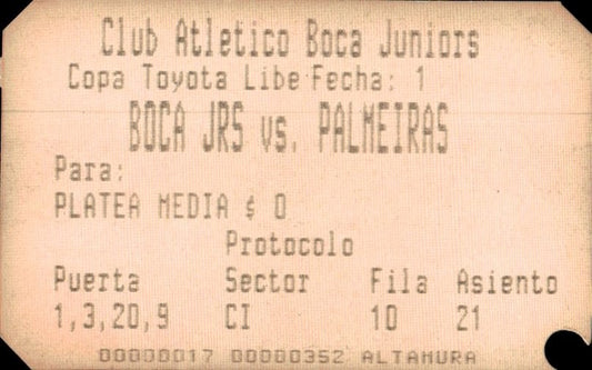 biglietto stadio BOCA JRS VS PALMEIRAS N 352