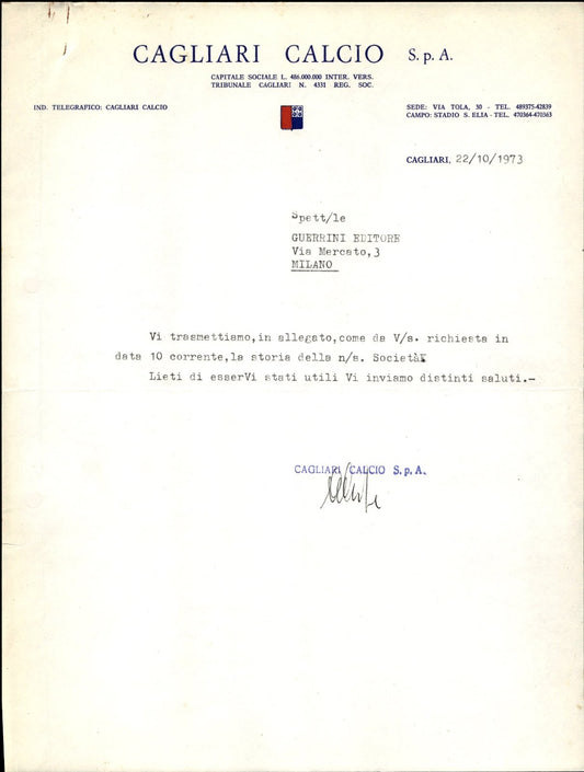 carta intestata societ� sportiva Cagliari Calcio Spa 1973 01